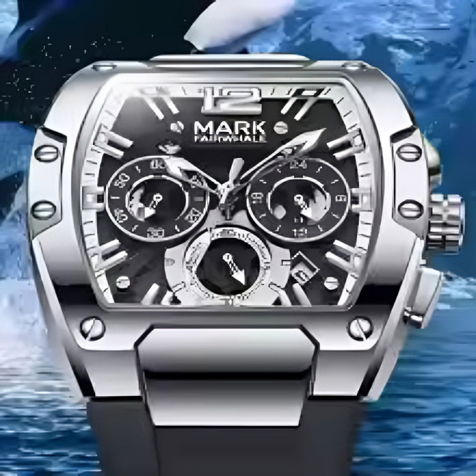 Men’s Luxury Chronograph Watch – Stainless Steel Case & Sporty Rubber Strap